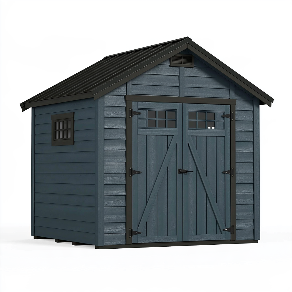 Abri de jardin 191 x 131 x 204 cm en résine bleu ardoise à double porte style chalet