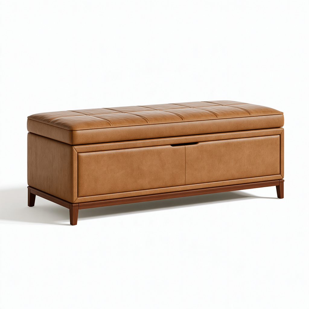 Banc coffre 120 cm en revêtement aspect cuir cognac avec rangement style contemporain