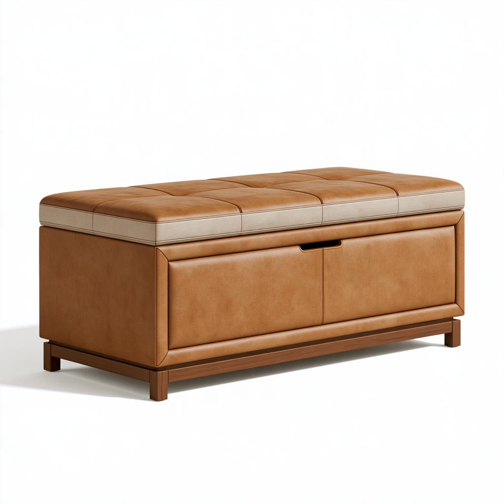 Banc coffre de rangement 120 x 45 x 50 cm similicuir camel et tissu beige style contemporain