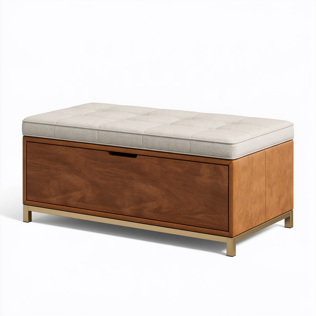 Banc coffre de rangement 120 x 45 x 50 cm en bois marron et beige avec coussin style contemporain