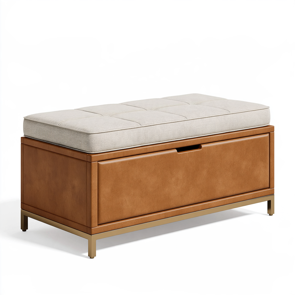 Banquette de rangement 120 x 45 x 48 cm en similicuir marron avec assise tissu style contemporain