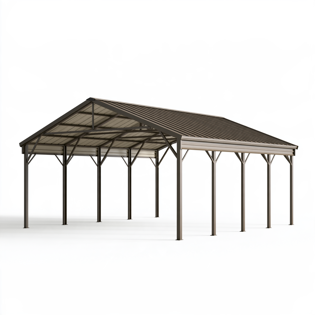 Carport 600 x 500 x 300 cm en acier brun avec toit à deux pentes
