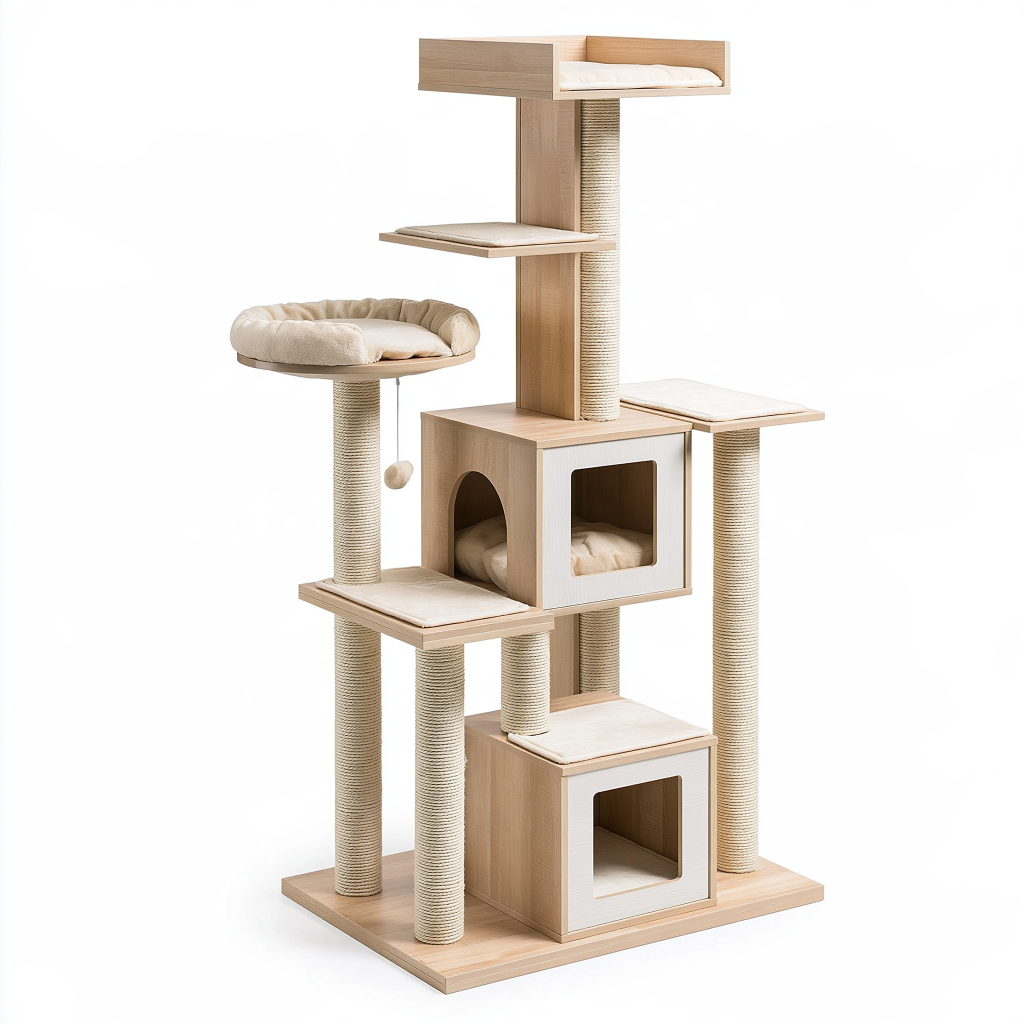 Arbre à chat 60 x 60 x 170 cm en bois beige avec poteaux en sisal et plateformes de repos