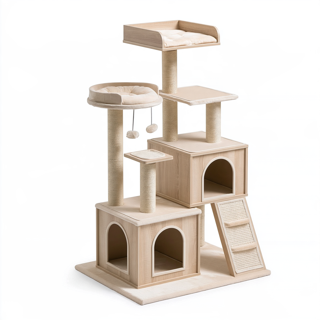 Arbre à chat 60 x 60 x 180 cm en bois beige avec plateformes niches et griffoirs