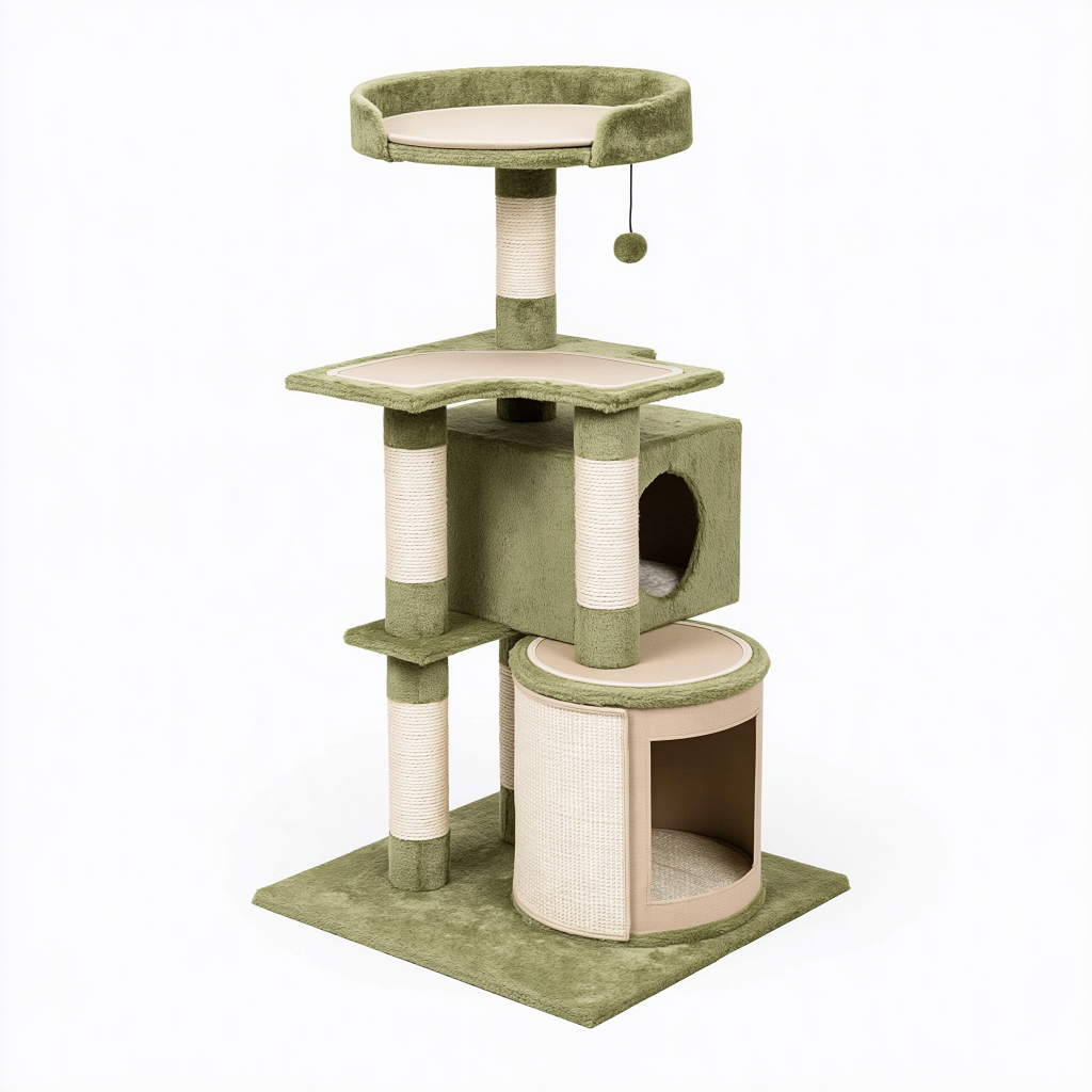 Arbre à chat 60 x 60 x 145 cm vert kaki et beige en peluche avec sisal - plateformes niches et griffoirs