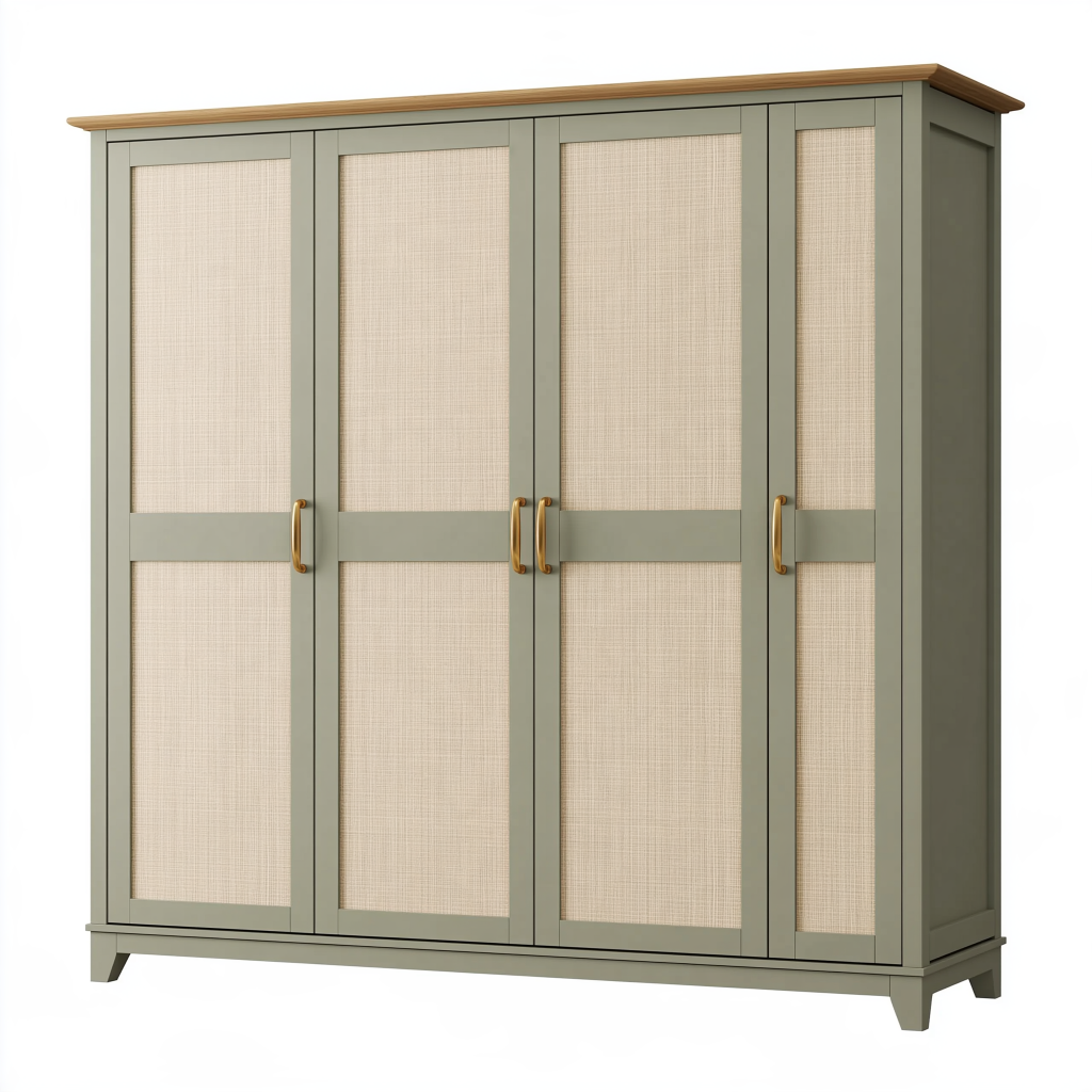 Armoire 180 x 60 x 200 cm en bois vert olive et rotin tressé - rangement style naturel
