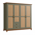 Armoire 4 portes 200 x 60 x 210 cm en bois vert olive et cannage naturel style bohème rangement chambre