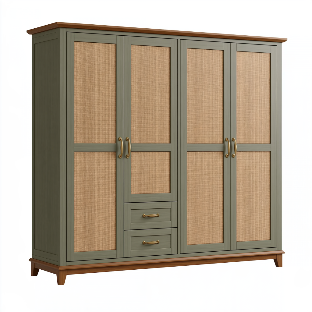 Armoire 4 portes 200 x 60 x 210 cm en bois vert olive et cannage naturel style bohème rangement chambre