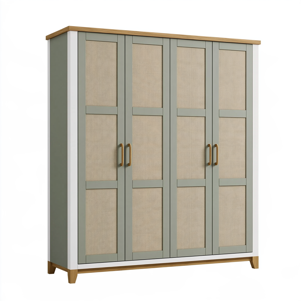 Armoire 180 x 55 x 200 cm vert sauge en bois et cannage à 4 portes style naturel