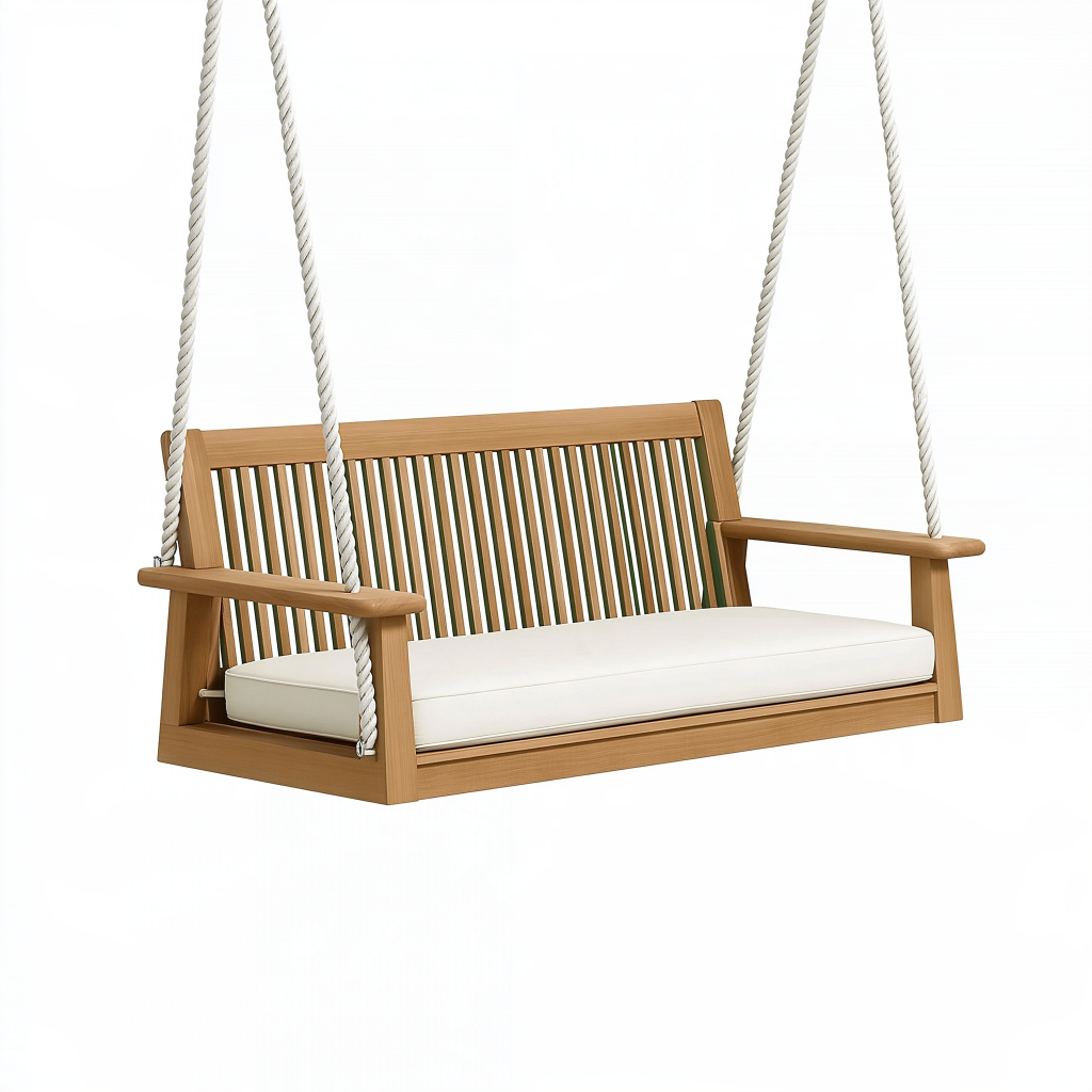 Balancelle de jardin 150 x 70 x 60 cm en bois naturel et corde blanche avec assise rembourrée