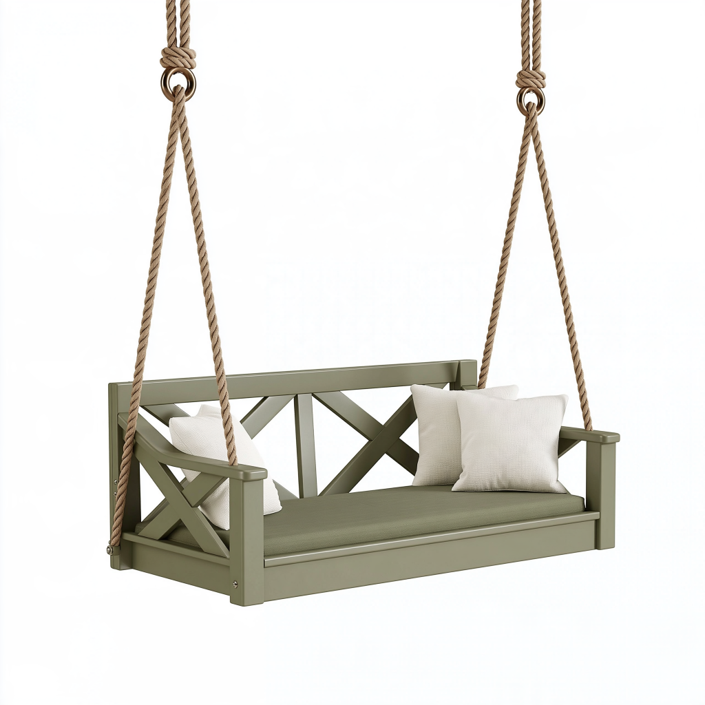Banc balançoire de jardin 125 x 65 x 55 cm en bois kaki avec cordes de suspension