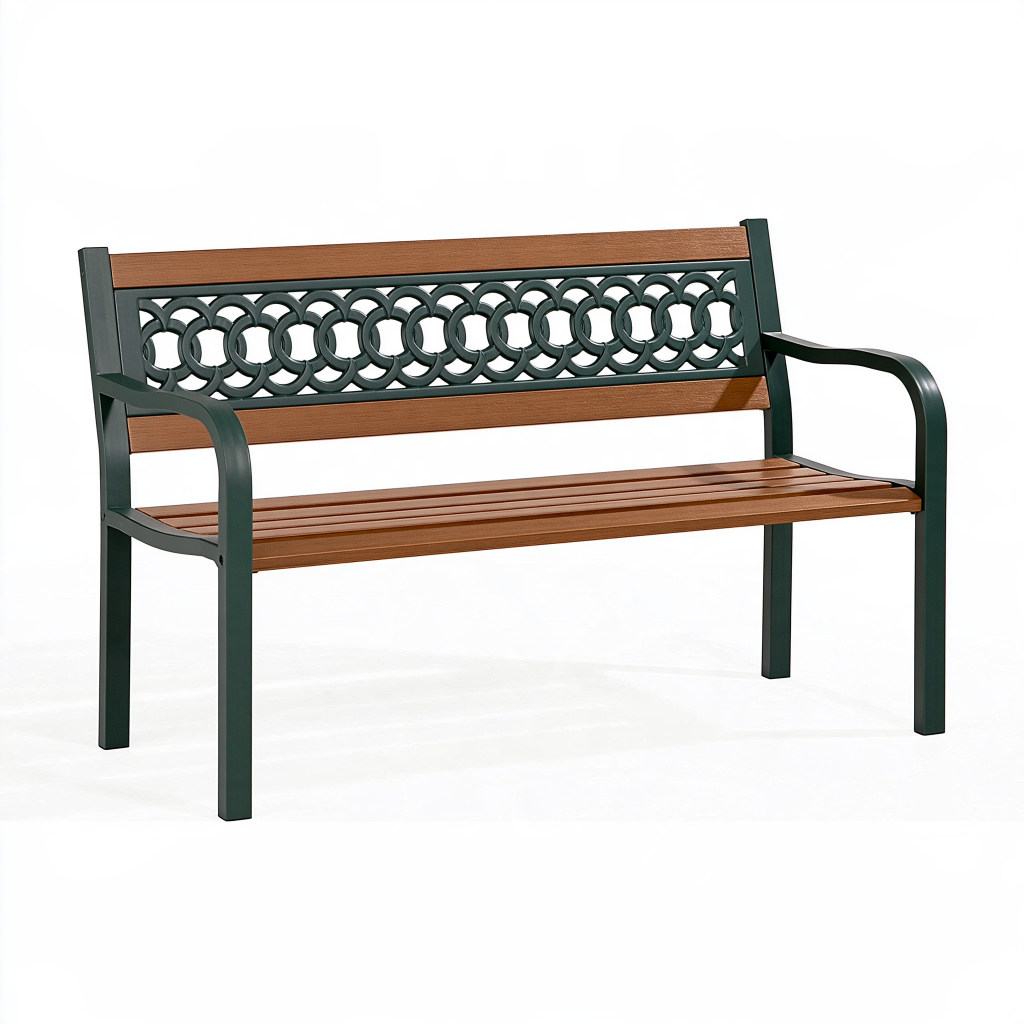 Banc de jardin 125 x 60 x 85 cm en acier et bois marron vert avec accoudoirs