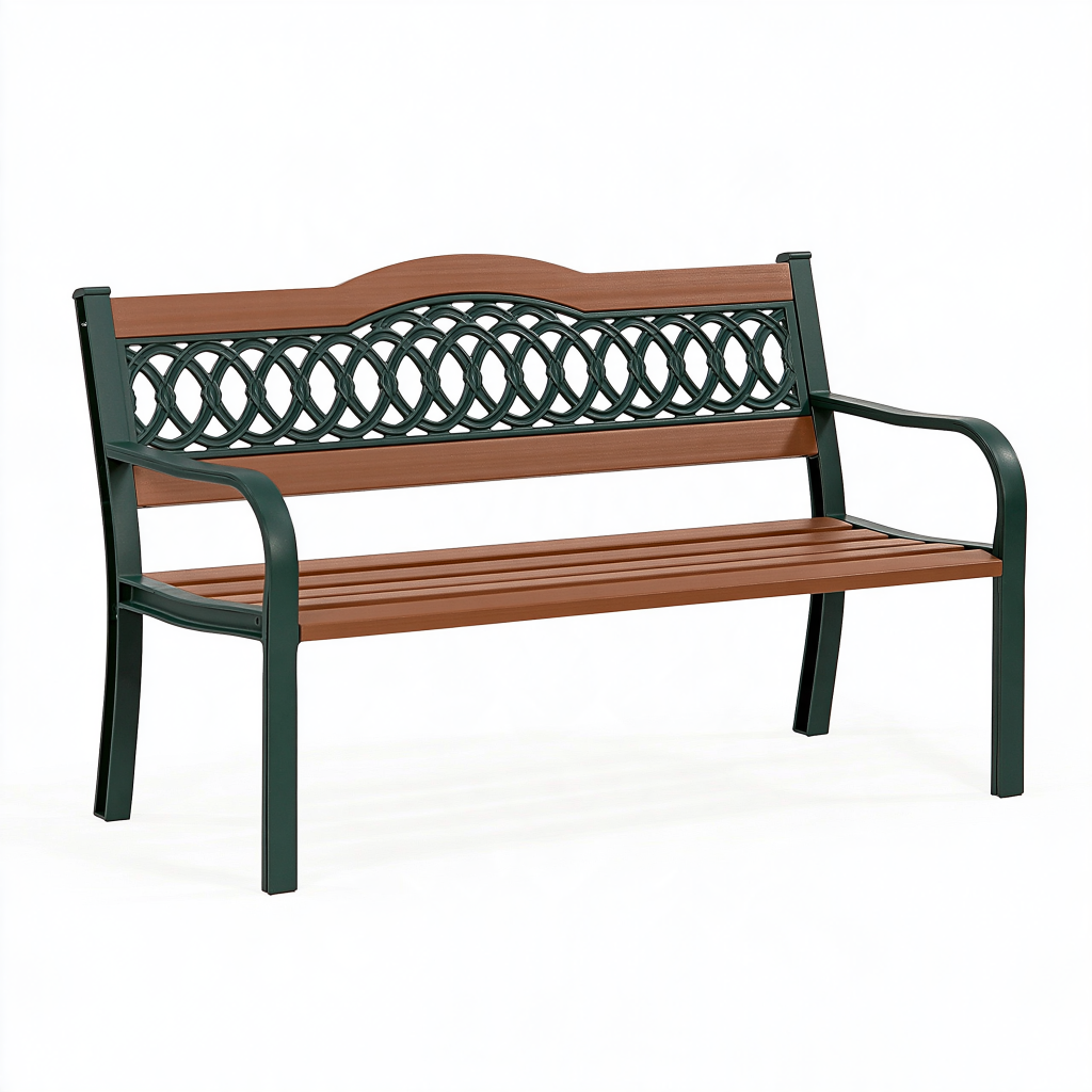 Banc de jardin 122 x 63 x 88 cm en métal et lattes aspect bois marron vert avec accoudoirs